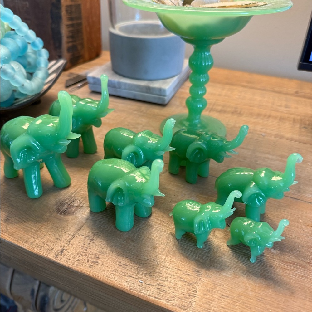Vintage Jade Green Glass Elephant Figurine Set of 8
